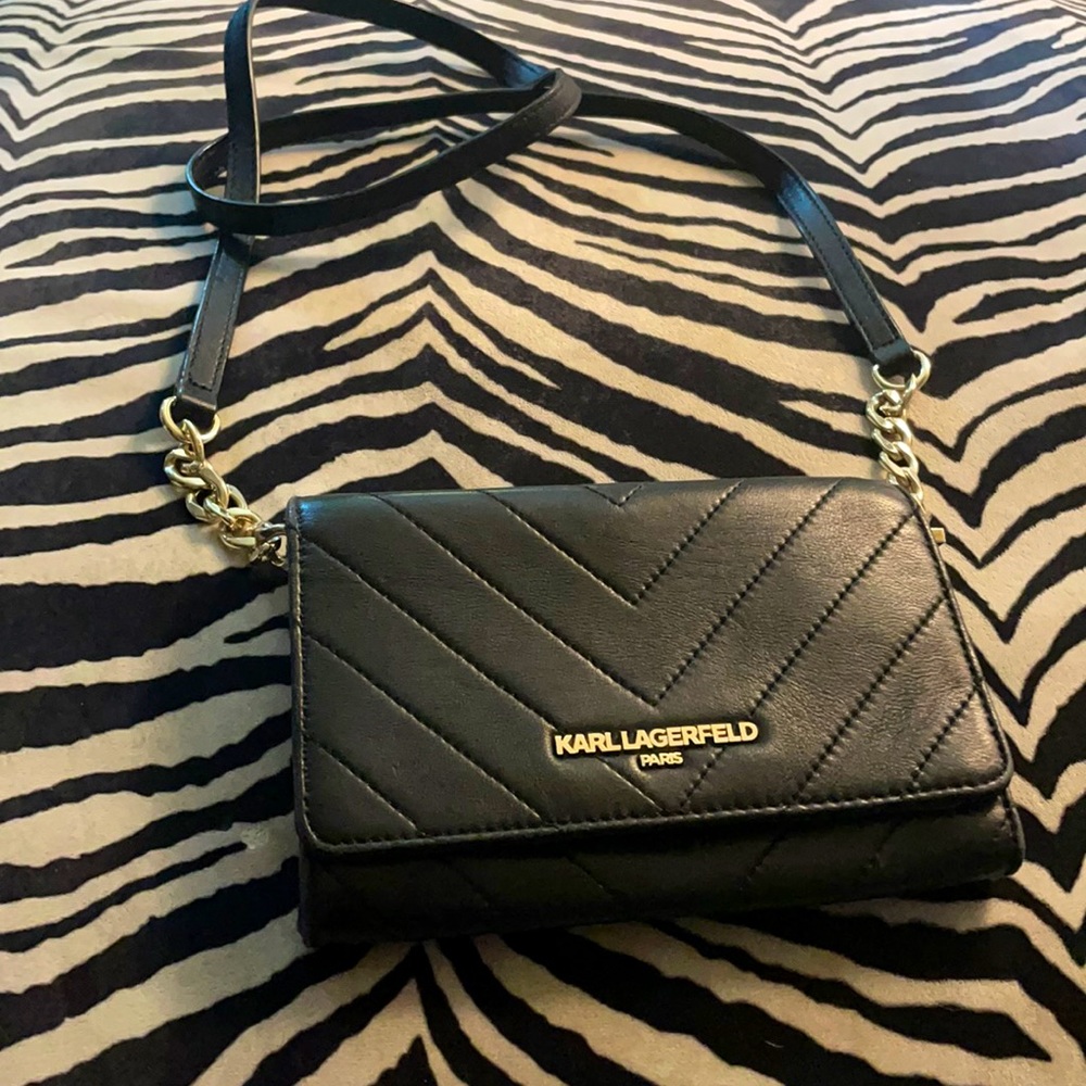 Little black karl Lagerfeld Paris purse with long strap